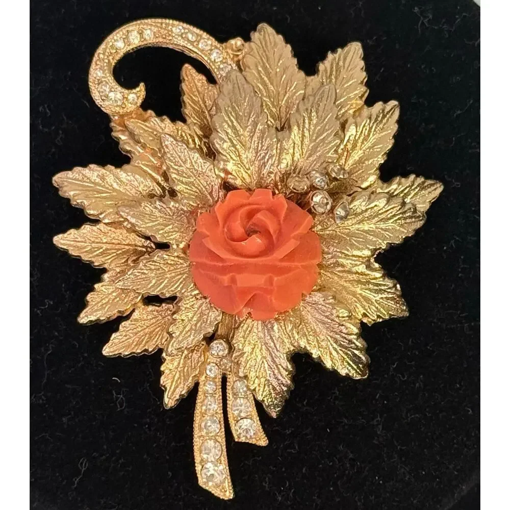 Eisenberg Coral Rose Brooch Pin Vintage Gold Tone Signed Sparkling Rhinestone